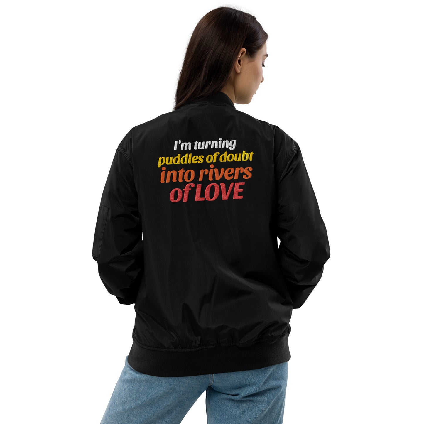 Turning Puddles of Doubt into Rivers of Love ALOver Premium recycled bomber jacket